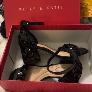 black sequin heels with buckle